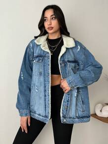 RueChic Flap Pocket Teddy Lined Denim Jacket - Medium Wash - View 5