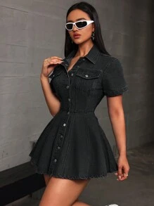 SHEIN EZwear 女士休闲简约牛仔连衣裙，时尚日常穿着 - 黑色 - 查看 3