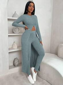 VaVaBold 2 pièces/set T-shirt à fente maxi côtelé en molleton et pantalon, vêtements d'hiver, ensembles de pulls, manches longues, ajusté, cratères en molleton, tenue de randonnée, hauts d'hiver, leggings d'hiver, ensemble pour femmes, dame élégante, hauts d'automne, vêtements d'hiver, gardez au chaud, manches longues
