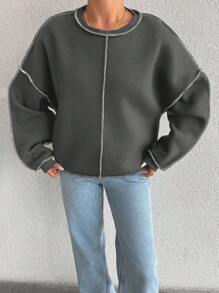 RueChic 95% Cotton Oversized Round Neck Sweatshirt With Exposed Seams And Long Sleeves - Grey - View 5