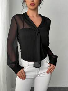 Chiquease 2024 Neue Damen Sexy durchsichtige Schwarze Mesh Chiffon Bluse