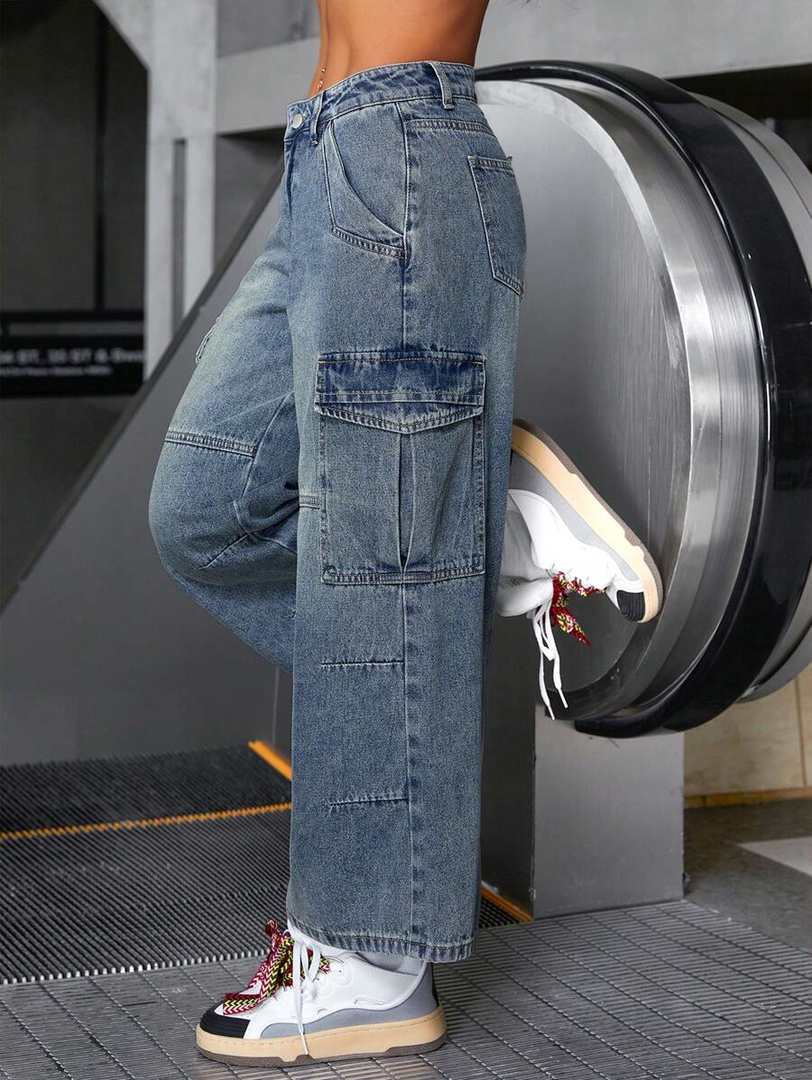 SHEIN ICON 女式街头风格休闲工装七分牛仔裤 - 中等水洗藍 - 查看 1