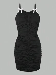 SHEIN Explorewe Teen Girl Black Ruched Strap Bowknot Decor Mini Dress - Black - View 1