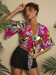 Travachic Áo sơ mi nữ buộc dây phía trước dệt cho kỳ nghỉ hè, lễ hội Rave, áo sơ mi nữ thường ngày, áo crop top kiểu Hawaii, áo cánh mùa hè - Màu Hồng Tươi - Xem 6