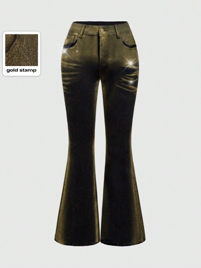 Goth Jeans en denim de style vintage avec imprimé vintage simple à boutons devant et poches, style décontracté pour femmes