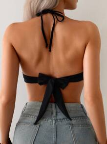 SHEIN Swim Top halter sin mangas sexy con tirantes de lazada de unicolor para mujer, verano