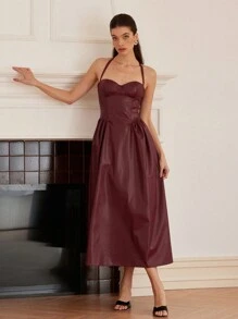 Aveloria Rosie Elegant & Charming Sexy Angola Red PU Halter Tie Waist Ruched Burgundy Dress For Women