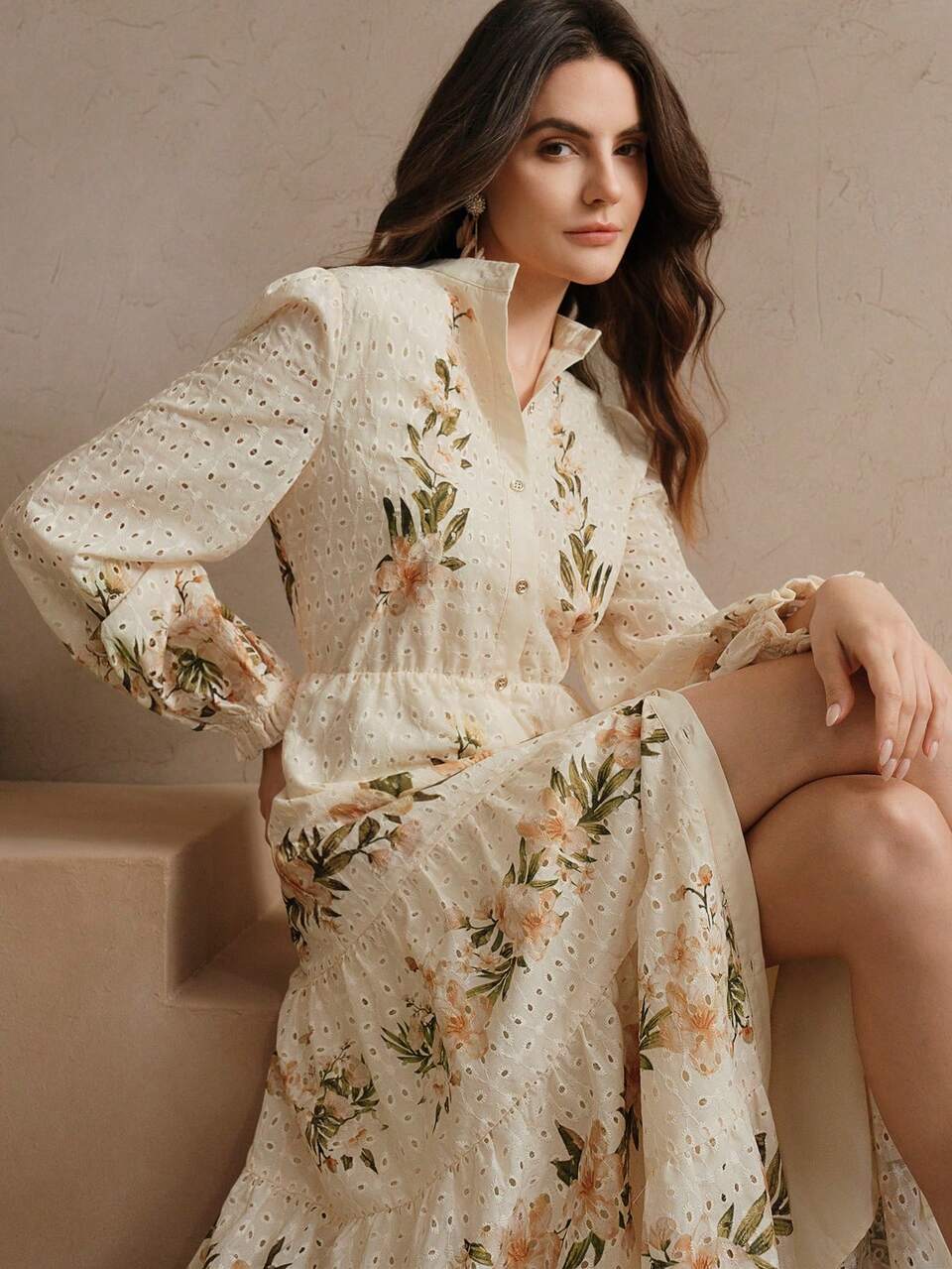 Spring & Summer Elegant Beach Vacation Bohemian Printed Stand Collar Mid-Length Dress For Women