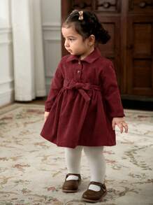 Cozy Pixies Abito casual da bambina con coulisse in vita, maniche a lanterna e collo a revers, in tinta unita, versatile