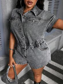 SHEIN SXY Plus Size Women's Denim Jumpsuit Short Sleeve Romper Shorts Casual Dark Grey Jumpsuit Jumpsuits For Woman Bodysuits For Women Rompers For Women Vacation Outfits Woman Summer Outfits For Women Spring Outfits For Women - Dark Grey - View 7