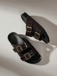 Solecia Casual Black Flat Sandals With Metal Square Buckle, Ideal For Vacation Spring Break Easter