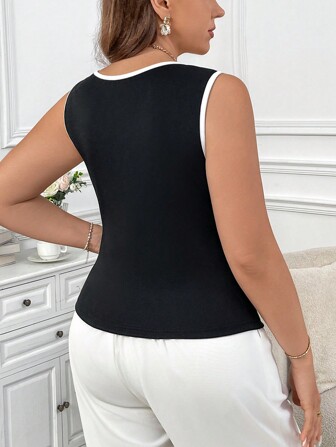 SHEIN Privé 3pcs Plus Size Women Minimalist Sweetheart Neck Contrast Binding Tank Top, For Summer,Business Casual Woman