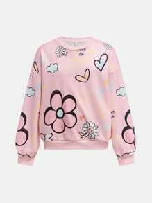 SHEIN Girlism Tween Girls Casual Loose Round Neck Cartoon Flower Pattern Pullover Long Sleeve Sweatshirt And Flared Pants 2 Pieces Outfit Set - Baby Pink - View 6