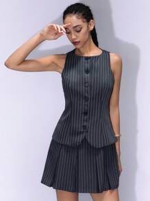 GENKIRA Women Striped Single-Breasted Pleated Sleeveless Tank Dress - Multicolor - View 6