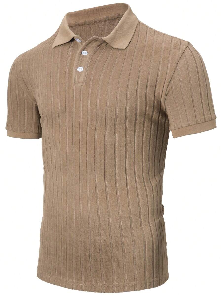 Manfinity Homme Men Ribbed Knit Polo Shirt Solid Color Simple Fashionable Daily Casual - Khaki - View 1