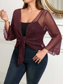 SHEIN Clasi Hollow Laced Front Ruffle Hem Cropped Top With Puff Sleeves, Plus Size Women Carnival - Burgundy - View 8