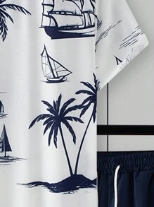 Manfinity RSRT Men's Palm Tree Print Crew Neck Short Sleeve Casual T-Shirt And Drawstring Waist Shorts Set, Vacation, Cozy Outfits - Multicolor - View 5