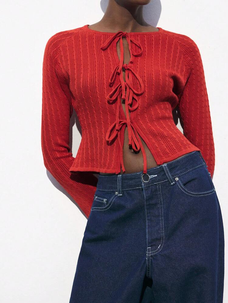 SHEIN Maija 여성용 빨간색 나비매듭 매듭 앞면 긴 소매 피팅 솔리드 컬러 스웨터, 봄과 발렌타인 데이 파티, 축제에 완벽한 우아한 일상복