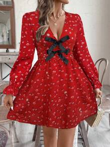 SHEIN VCAY Figure-Hugging V-Neck Bowknot Long Sleeve Mini Dress For Women, Vacation - Red - View 1