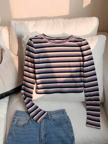 Comfortcana 彩色条纹针织女式长袖圆领修身 T 恤 - 藍色 - 查看 3