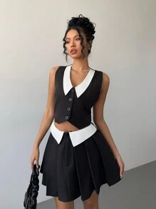 SHEIN Essnce 2 piezas Traje de mujer para primavera/verano con contraste de color en el cuello, falda plisada de cintura delgada + chaleco para uso diario