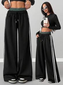 SHEIN EZwear 女士基本款格子拼色运动裤 - 黑色 - 查看 5