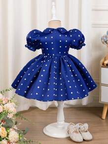 SHEIN Summer Cute Polka Dot Fancy Blue Short Sleeve Babygirl Dress - Blue - View 4