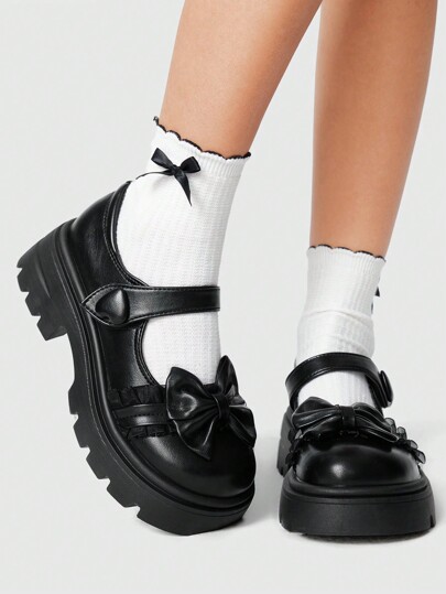 Kawaii Damen Gothic Mary Jane Schuhe mit Knöchelriemen, schwarze Plateauschuhe mit dickem Absatz, Metallschnalle & Schleifendekor