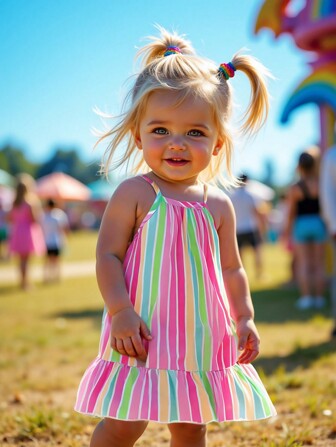 SHEIN Baby Girls' Korean Style Casual Cute Colorful Striped Print Woven Dress, Summer