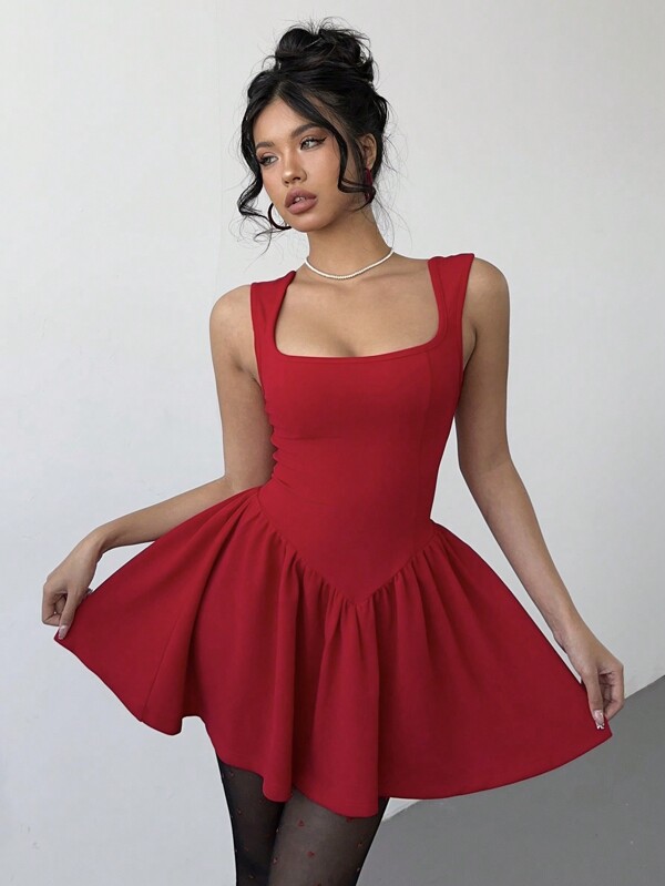 Aloruh Women's Elegant Solid Color Sleeveless Cinched Waist Red Mini Dress For Valentine's Day
