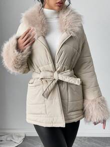 Firerie Women Zip-Up Front Long Sleeve Pockets Faux Fur Patchwork Casual Winter Jacket