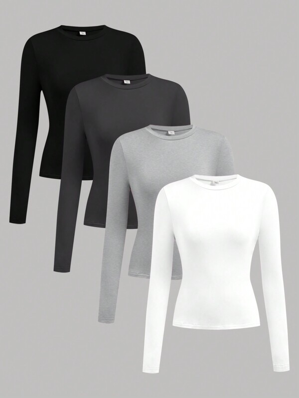 SHEIN Girlism 4 pièces/Set T-shirts décontractés minimalistes à manches longues, col rond en tricot, convenant à tous les jours pour adolescentes, noir, blanc, rose, gris foncé, achetez-en 1 et obtenez-en 3 gratuitement