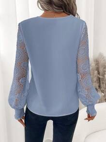 SHEIN Clasi Winter And Fall Elegant Women's White V-Neck Long Sleeve Splicing Hollow Lace Sleeve Hollow Out Blouse