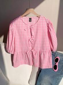 Comfortcana Camisa casual de mujer a cuadros rosa de tejido, minimalista y de moda para uso diario - Rosa - Ver 4