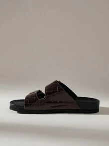 Solecia Casual Black Flat Sandals With Metal Square Buckle, Ideal For Vacation Spring Break Easter