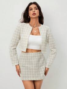 SHEIN Tall 2 件套女士格子长袖夹克和迷你裙女士套装