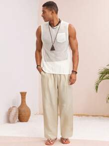 Manfinity VCAY 男士针织休闲宽松纯色无袖背心，年轻时尚日常穿着 - 白色 - 查看 3