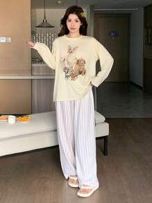 Bộ đồ ngủ áo in hình hoạt hình và quần ngủ kẻ sọc - trắng - Xem 5