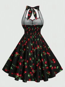 Sweetra Plus Size Halter Cinched Waist A-Line Dress, Featuring Valentine's Day Design Cherry Print, For Summer - Multicolor - View 2