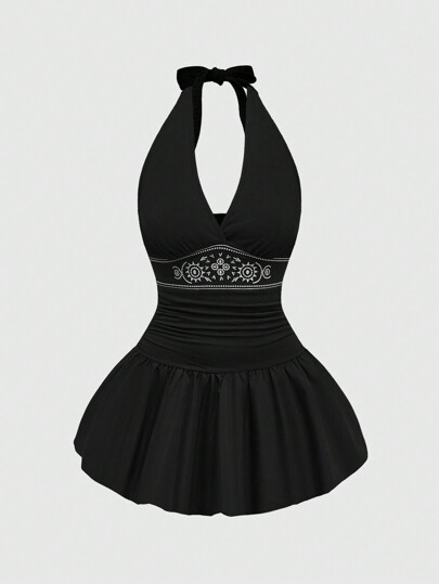 Hippie Hippie Sun Embroidery Women's Halter Neck Bubble Hem Mini Dress,Bohemian,Boho,Summer , Summer Outfits ,Summer Clothes