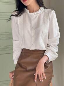 DAZY 女式优雅立领泡泡袖白色衬衫长袖上衣 - 白色 - 查看 7