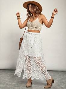 SHEIN VCAY Falda casual de talla grande de unicolor con encaje y dobladillo dividido, adecuada para vacaciones