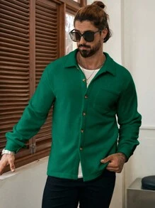 Manfinity Homme Men's Solid Color Button Front Long Sleeve Pocket Casual Shacket,Fall Men Clothes,Beige Flannel Thermal Shacket - Dark Green - View 4