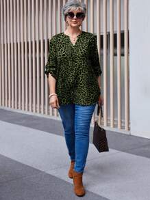EMERY ROSE 大码女式豹纹长袖衬衫，秋季