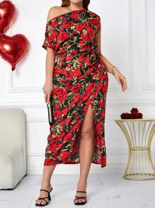 SHEIN Clasi Große Größen Kleid mit asymmetrischem Ausschnitt, Blume Muster, Wickeldetails und Schlitz, Outfit für Valentinstag - Verschiedenfarbig - Übersicht 4