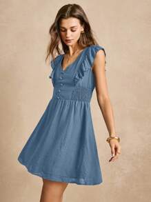 SHEIN Frenchy 女士 V 领简约时尚休闲日常连衣裙 - 霧霾藍 - 查看 2