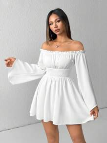 SHEIN PETITE Off Shoulder Frill Trim Flounce Sleeve Bell Sleeves White Dress,Summer Dresses
Spring Clothes - White - View 6