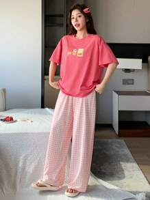 DAZY Set de pijama de 2 piezas para mujer con estampado, de manga corta y corte holgado