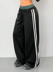 SHEIN EZwear 女士基本款格子拼色运动裤 - 黑色 - 查看 6