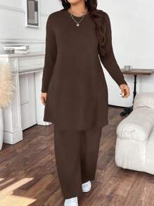 Calvaya Set de 2 piezas Conjunto informal de talla grande de manga larga con bajo dividido en unicolor, para otoño - Café integral - Ver 3